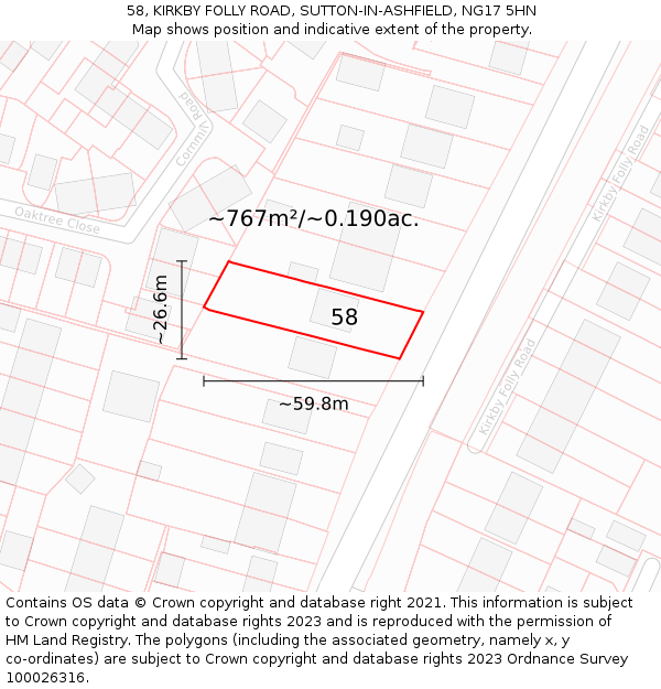 58, KIRKBY FOLLY ROAD, SUTTON-IN-ASHFIELD, NG17 5HN: Plot and title map