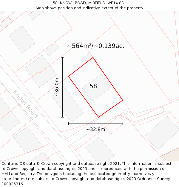 58, KNOWL ROAD, MIRFIELD, WF14 8DL: Plot and title map