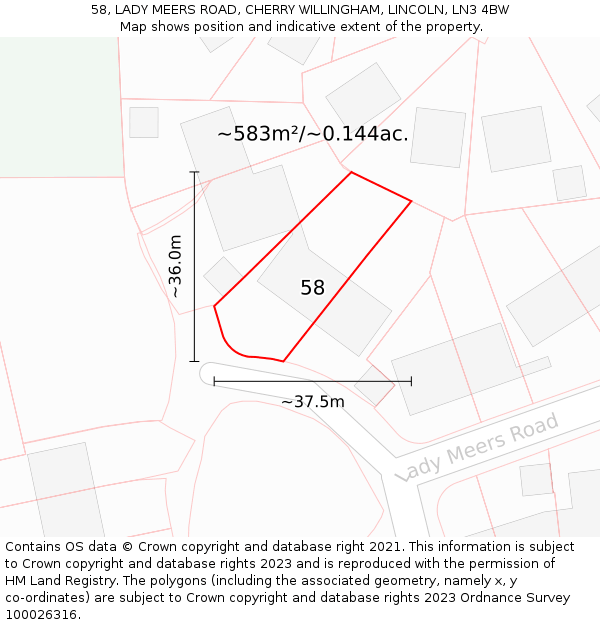 58, LADY MEERS ROAD, CHERRY WILLINGHAM, LINCOLN, LN3 4BW: Plot and title map