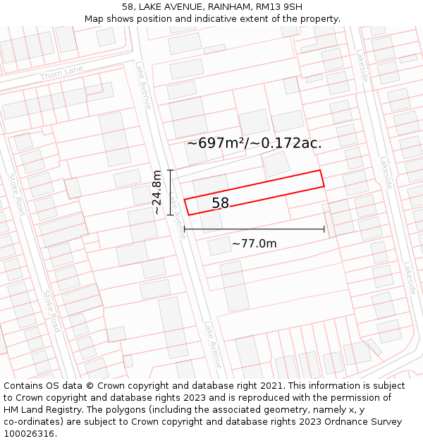 58, LAKE AVENUE, RAINHAM, RM13 9SH: Plot and title map