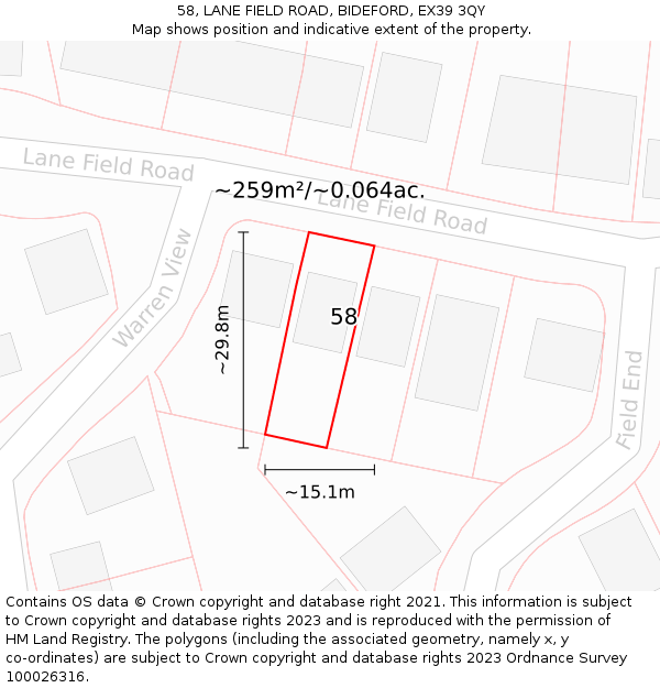 58, LANE FIELD ROAD, BIDEFORD, EX39 3QY: Plot and title map