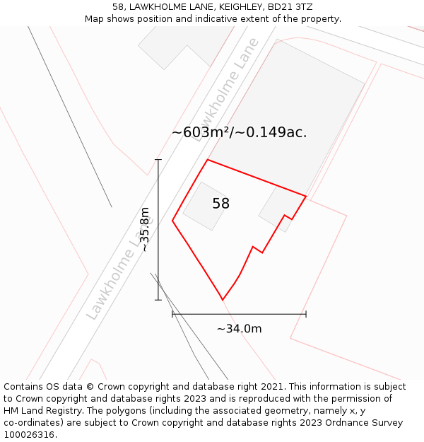 58, LAWKHOLME LANE, KEIGHLEY, BD21 3TZ: Plot and title map