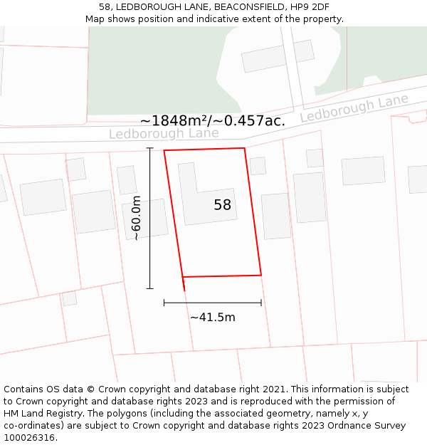 58, LEDBOROUGH LANE, BEACONSFIELD, HP9 2DF: Plot and title map