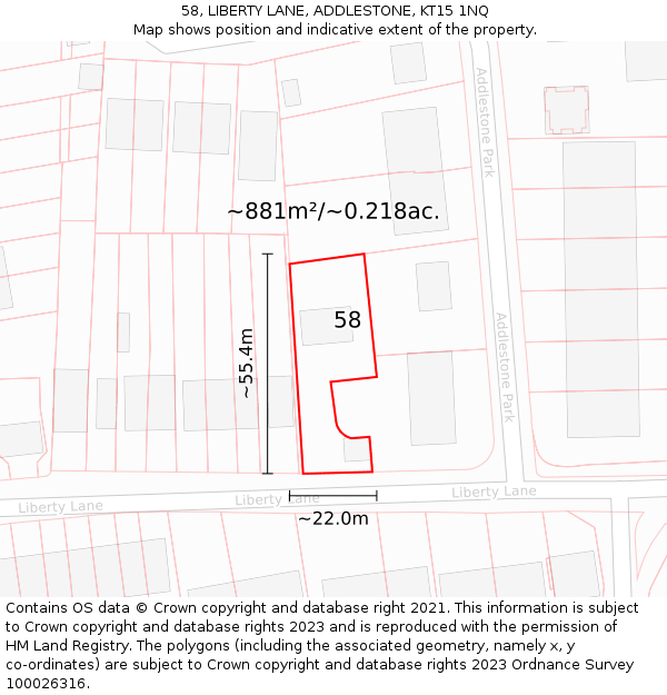 58, LIBERTY LANE, ADDLESTONE, KT15 1NQ: Plot and title map