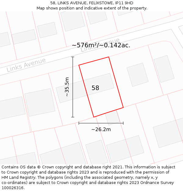 58, LINKS AVENUE, FELIXSTOWE, IP11 9HD: Plot and title map