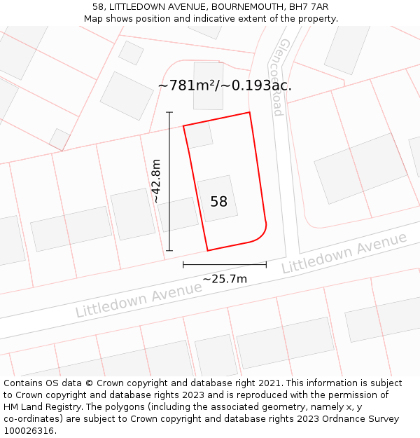 58, LITTLEDOWN AVENUE, BOURNEMOUTH, BH7 7AR: Plot and title map