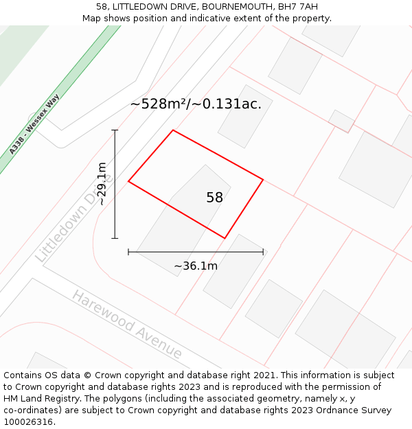 58, LITTLEDOWN DRIVE, BOURNEMOUTH, BH7 7AH: Plot and title map