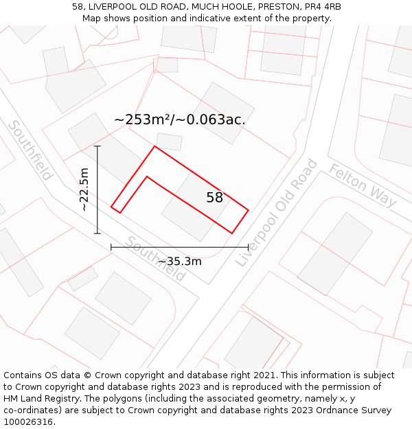 58, LIVERPOOL OLD ROAD, MUCH HOOLE, PRESTON, PR4 4RB: Plot and title map