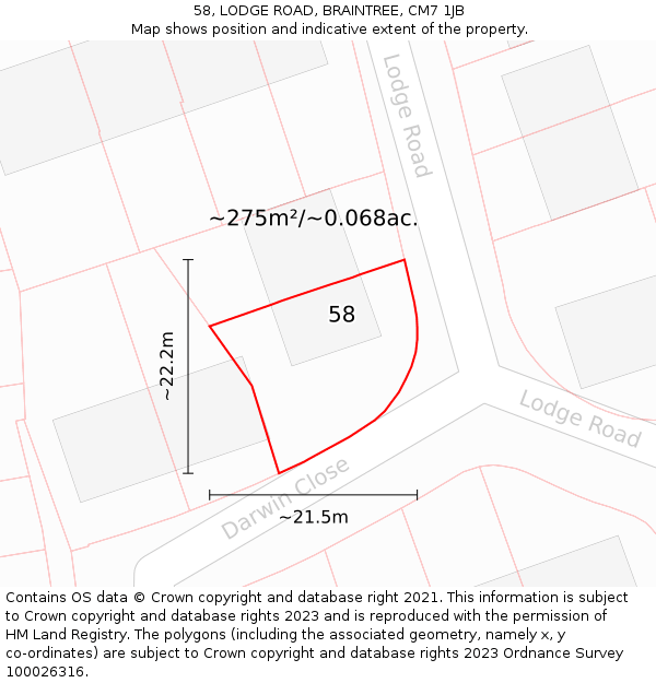 58, LODGE ROAD, BRAINTREE, CM7 1JB: Plot and title map