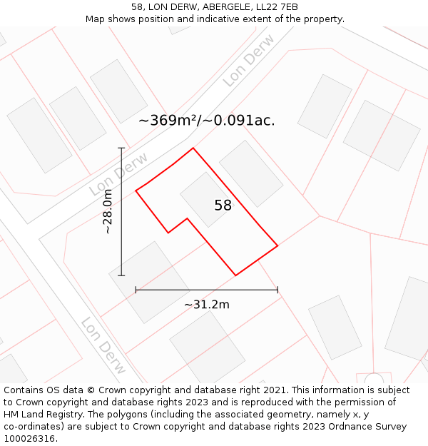 58, LON DERW, ABERGELE, LL22 7EB: Plot and title map