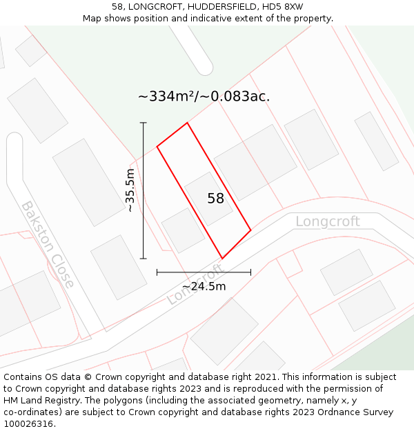 58, LONGCROFT, HUDDERSFIELD, HD5 8XW: Plot and title map