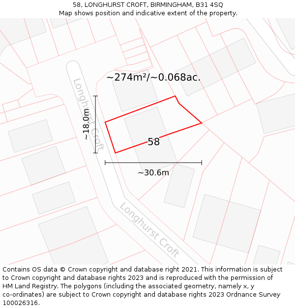 58, LONGHURST CROFT, BIRMINGHAM, B31 4SQ: Plot and title map