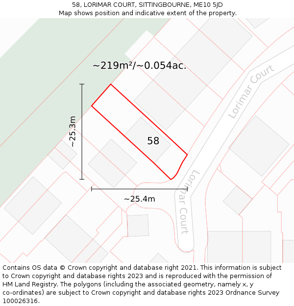 58, LORIMAR COURT, SITTINGBOURNE, ME10 5JD: Plot and title map