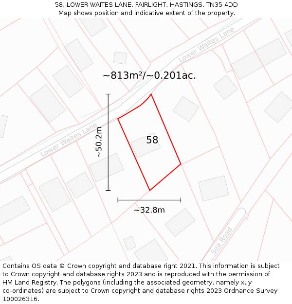 58, LOWER WAITES LANE, FAIRLIGHT, HASTINGS, TN35 4DD: Plot and title map