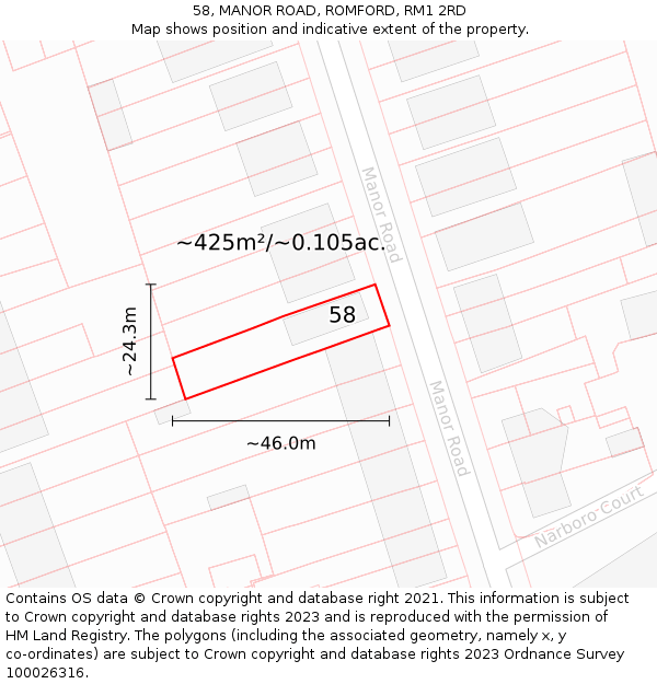 58, MANOR ROAD, ROMFORD, RM1 2RD: Plot and title map