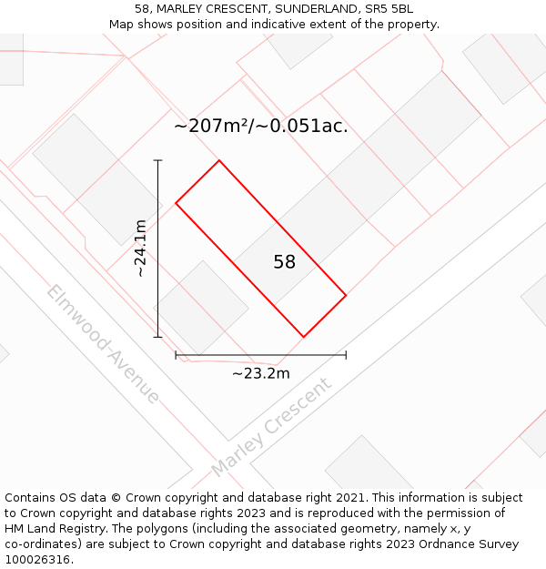 58, MARLEY CRESCENT, SUNDERLAND, SR5 5BL: Plot and title map