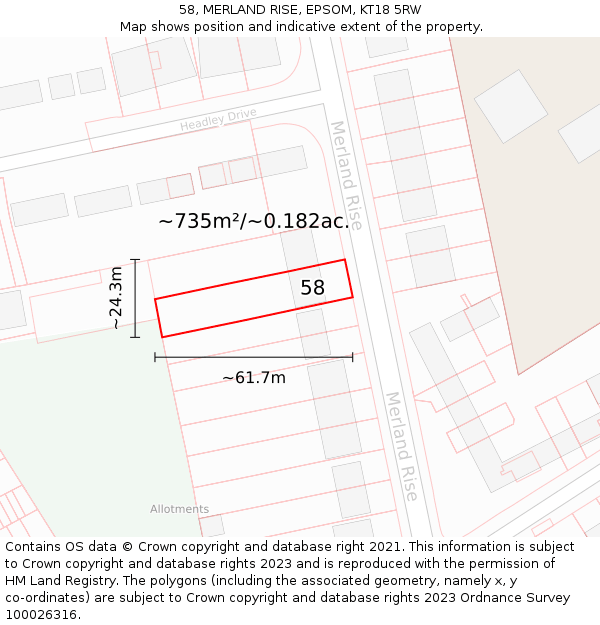 58, MERLAND RISE, EPSOM, KT18 5RW: Plot and title map
