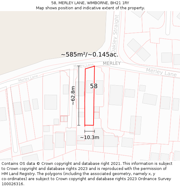 58, MERLEY LANE, WIMBORNE, BH21 1RY: Plot and title map