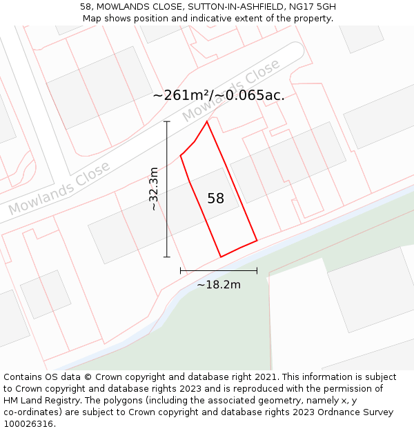 58, MOWLANDS CLOSE, SUTTON-IN-ASHFIELD, NG17 5GH: Plot and title map