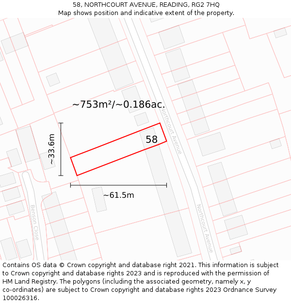 58, NORTHCOURT AVENUE, READING, RG2 7HQ: Plot and title map
