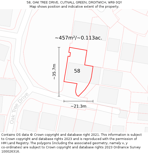 58, OAK TREE DRIVE, CUTNALL GREEN, DROITWICH, WR9 0QY: Plot and title map
