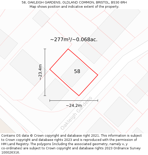 58, OAKLEIGH GARDENS, OLDLAND COMMON, BRISTOL, BS30 6RH: Plot and title map