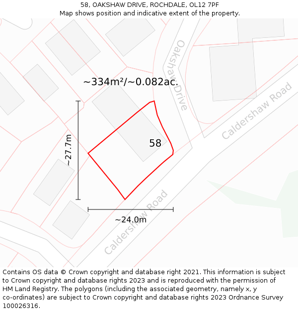 58, OAKSHAW DRIVE, ROCHDALE, OL12 7PF: Plot and title map