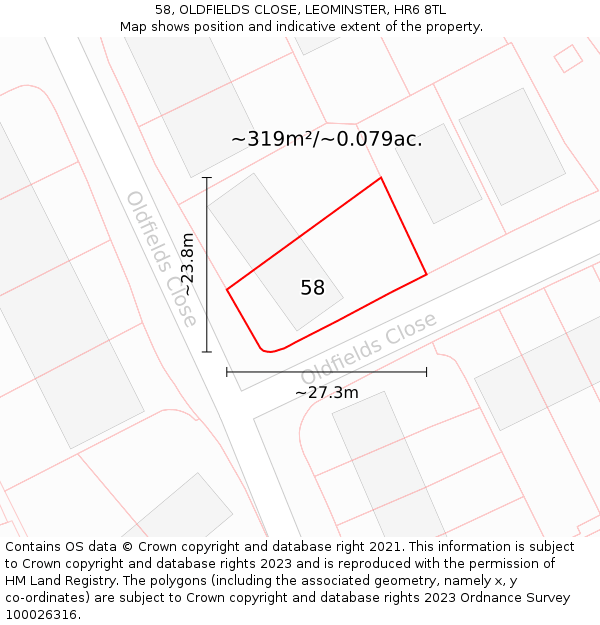 58, OLDFIELDS CLOSE, LEOMINSTER, HR6 8TL: Plot and title map