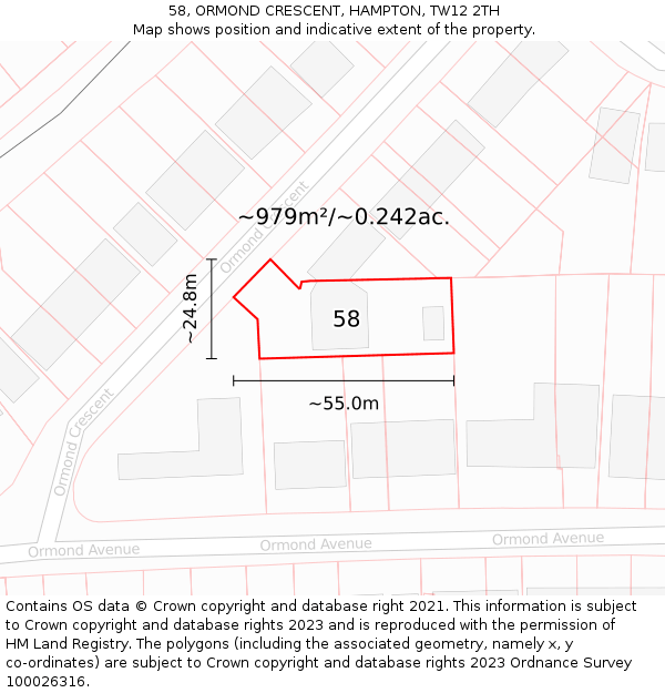 58, ORMOND CRESCENT, HAMPTON, TW12 2TH: Plot and title map