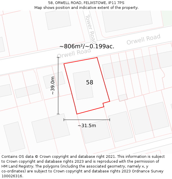 58, ORWELL ROAD, FELIXSTOWE, IP11 7PS: Plot and title map