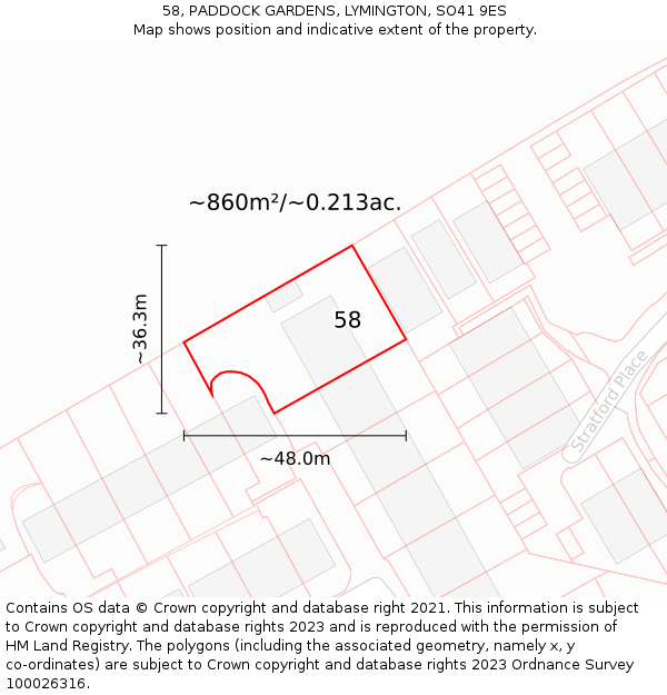 58, PADDOCK GARDENS, LYMINGTON, SO41 9ES: Plot and title map