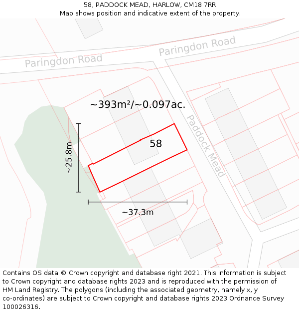 58, PADDOCK MEAD, HARLOW, CM18 7RR: Plot and title map