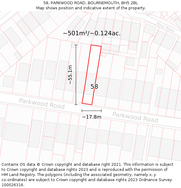 58, PARKWOOD ROAD, BOURNEMOUTH, BH5 2BL: Plot and title map