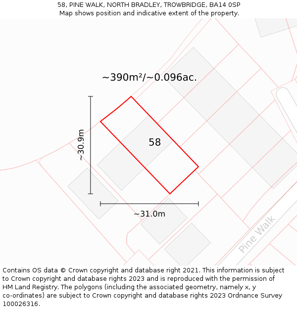 58, PINE WALK, NORTH BRADLEY, TROWBRIDGE, BA14 0SP: Plot and title map