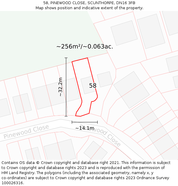 58, PINEWOOD CLOSE, SCUNTHORPE, DN16 3FB: Plot and title map