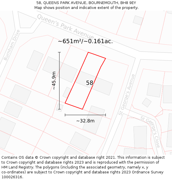58, QUEENS PARK AVENUE, BOURNEMOUTH, BH8 9EY: Plot and title map