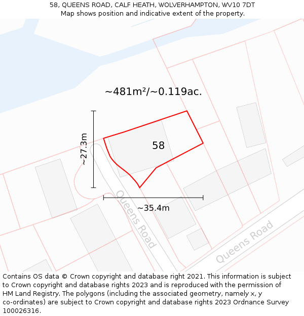 58, QUEENS ROAD, CALF HEATH, WOLVERHAMPTON, WV10 7DT: Plot and title map