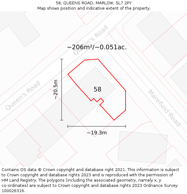 58, QUEENS ROAD, MARLOW, SL7 2PY: Plot and title map