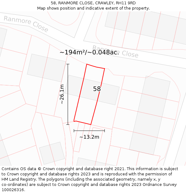 58, RANMORE CLOSE, CRAWLEY, RH11 9RD: Plot and title map