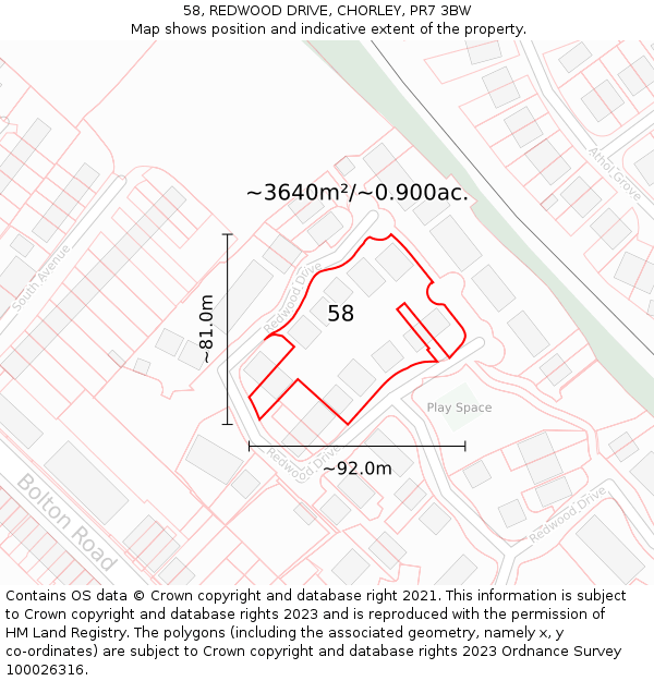 58, REDWOOD DRIVE, CHORLEY, PR7 3BW: Plot and title map