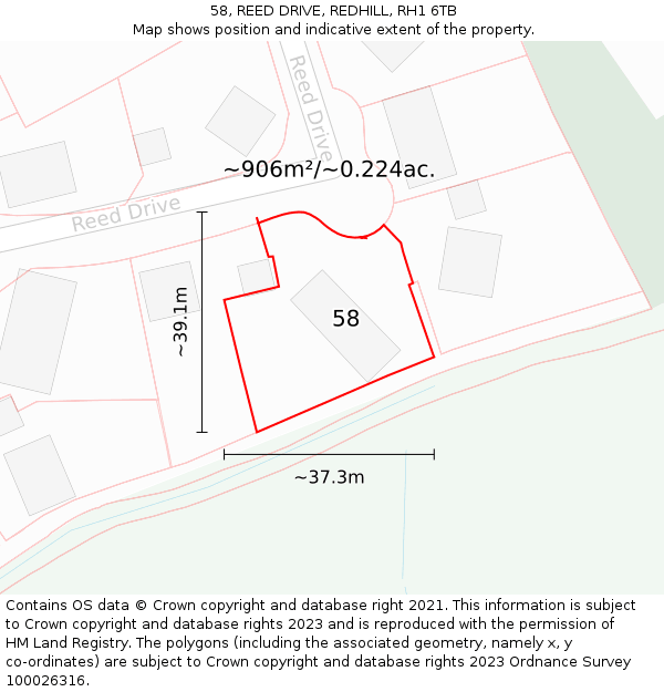 58, REED DRIVE, REDHILL, RH1 6TB: Plot and title map