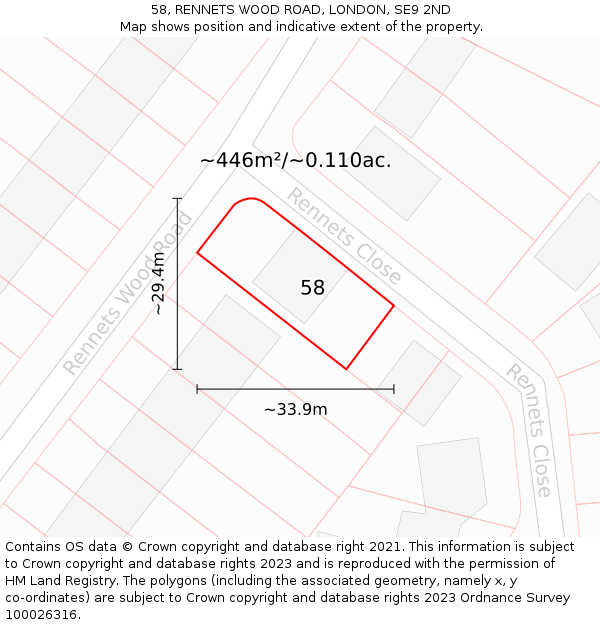 58, RENNETS WOOD ROAD, LONDON, SE9 2ND: Plot and title map