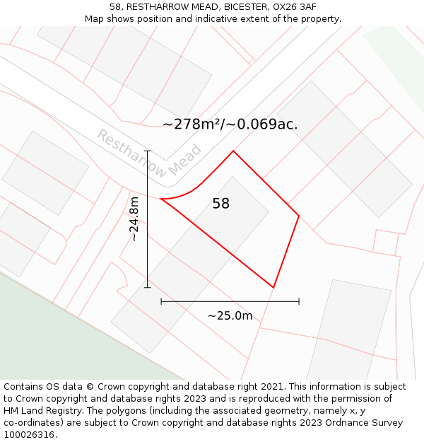 58, RESTHARROW MEAD, BICESTER, OX26 3AF: Plot and title map