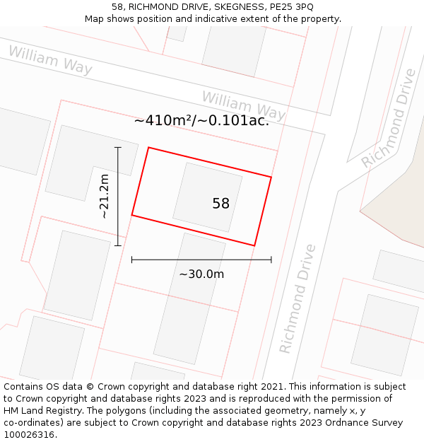 58, RICHMOND DRIVE, SKEGNESS, PE25 3PQ: Plot and title map