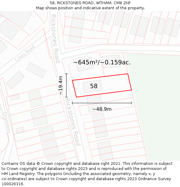 58, RICKSTONES ROAD, WITHAM, CM8 2NF: Plot and title map