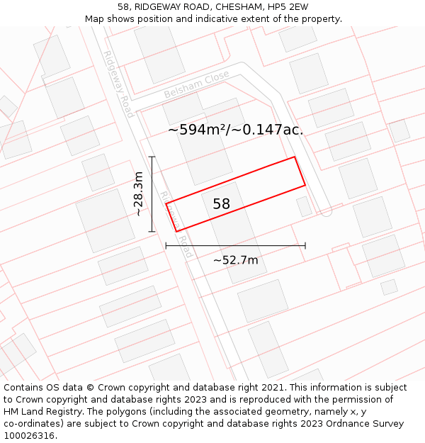 58, RIDGEWAY ROAD, CHESHAM, HP5 2EW: Plot and title map