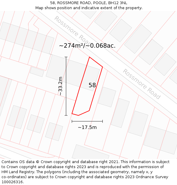 58, ROSSMORE ROAD, POOLE, BH12 3NL: Plot and title map