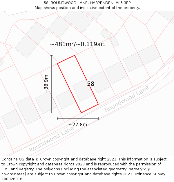 58, ROUNDWOOD LANE, HARPENDEN, AL5 3EP: Plot and title map