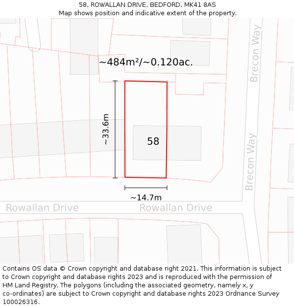 58, ROWALLAN DRIVE, BEDFORD, MK41 8AS: Plot and title map