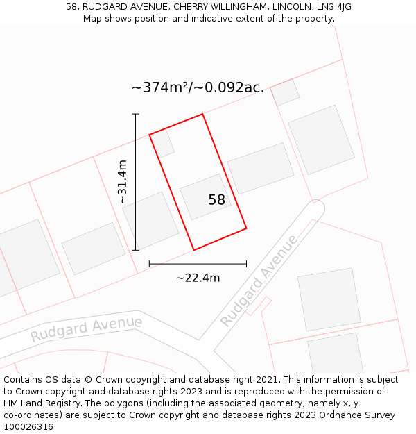 58, RUDGARD AVENUE, CHERRY WILLINGHAM, LINCOLN, LN3 4JG: Plot and title map